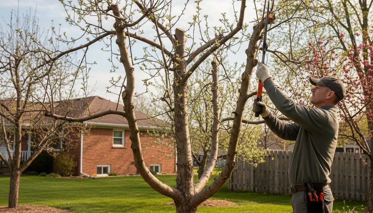 Certified arborist pruning backyard fruit tree in Troy, MI for healthy growth and orchard productivity