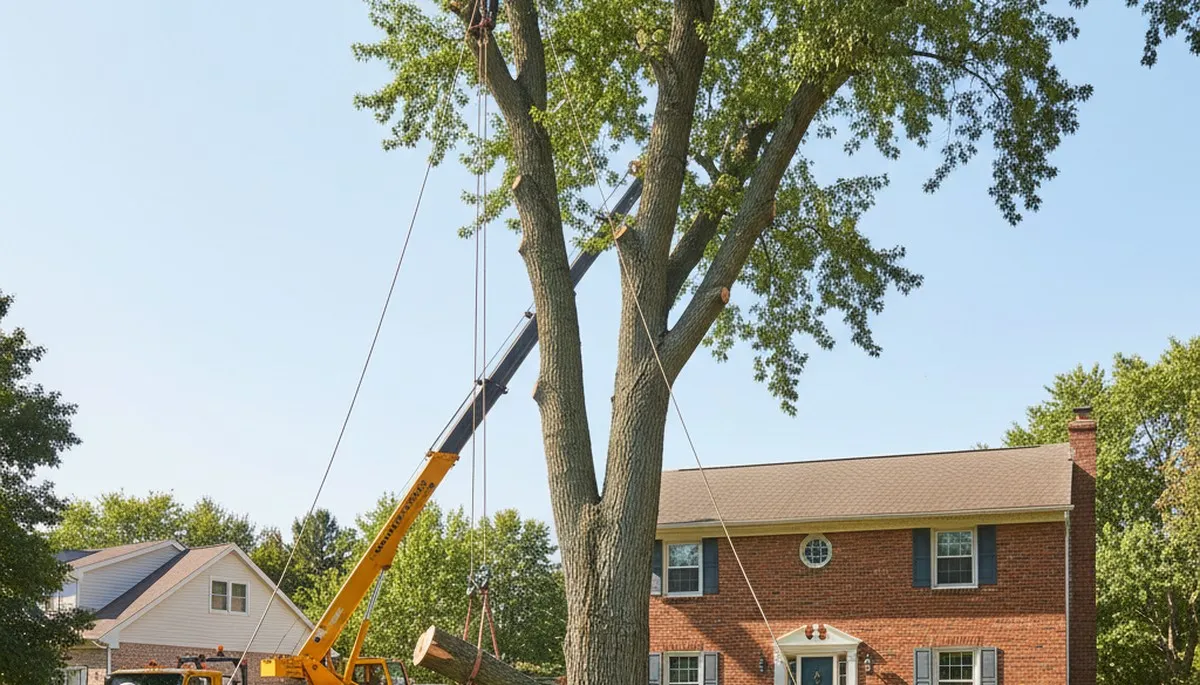 Arborists removing large tree with bucket truck and rigging in Berkley, MI for Troy tree removal service