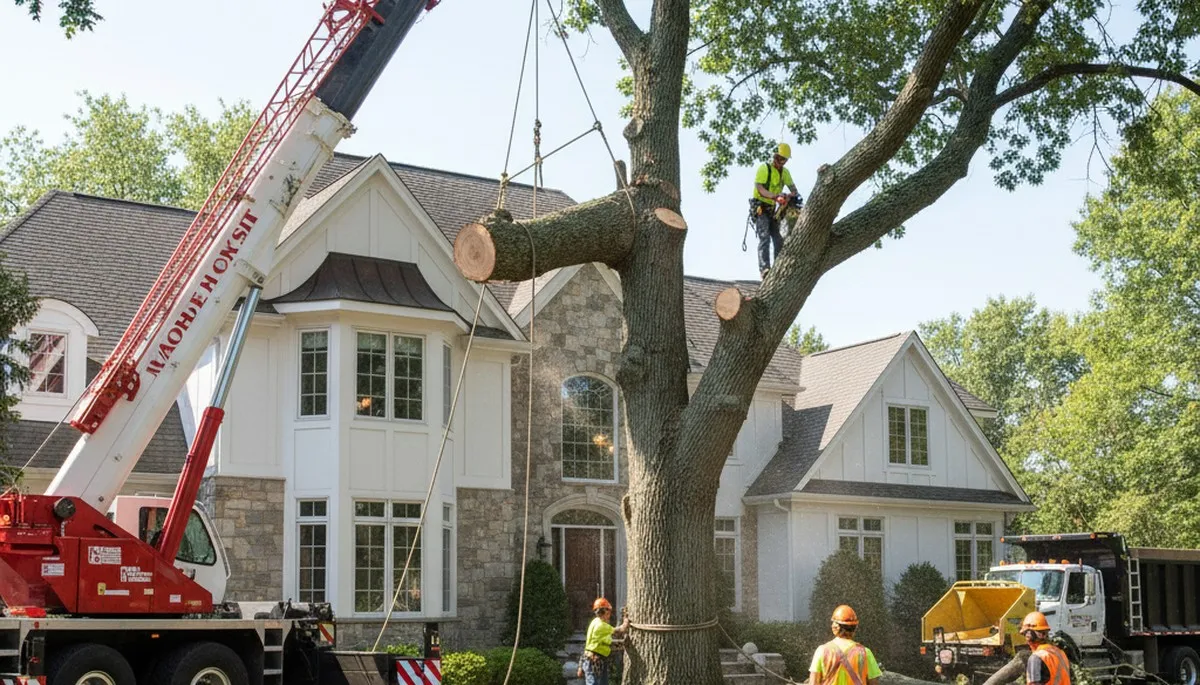 Arborists performing large tree removal with bucket truck in Bloomfield Hills, MI near Troy homes