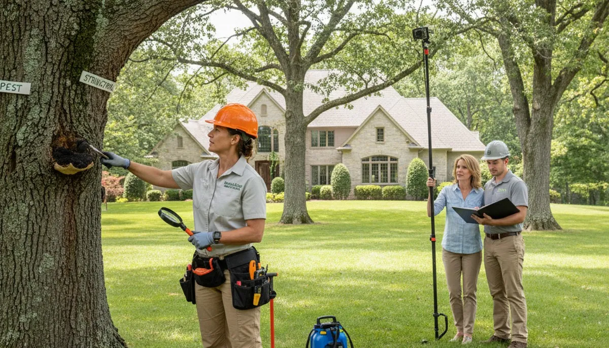 Certified arborist performing tree health assessment for homeowners in Bloomfield Hills, MI