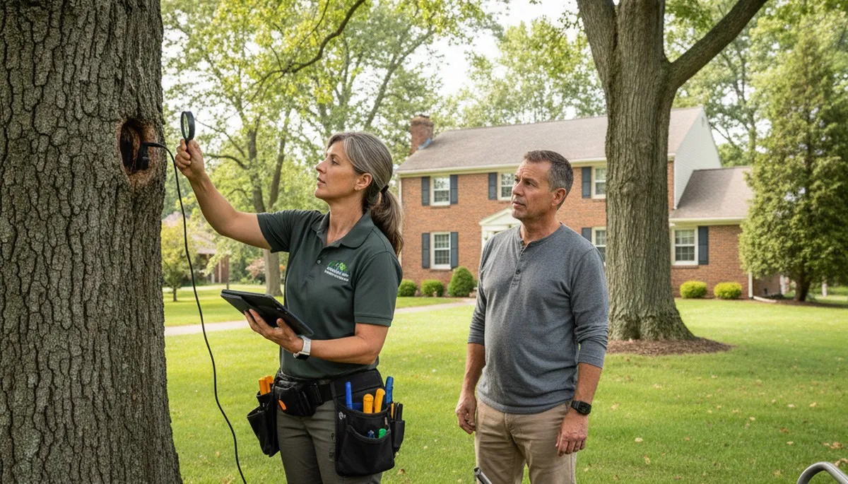 Certified arborist performing tree health assessment for Utica, MI homeowners near Troy tree removal experts