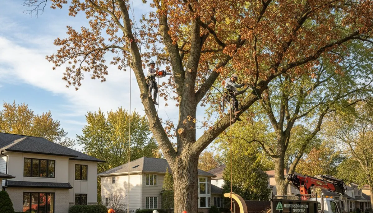 Professional tree removal service in Troy, MI safely cutting down large oak tree